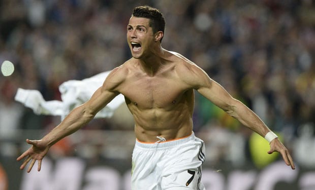 Real Madrid's Portuguese forward Cristiano Ronaldo celebrates after scoring during the UEFA Champions League Final Real Madrid vs Atletico de Madrid at Luz stadium in Lisbon, on May 24, 2014.   AFP PHOTO/ FRANCK FIFE  FBL-EUR-C1-REALMADRID-ATLETICO