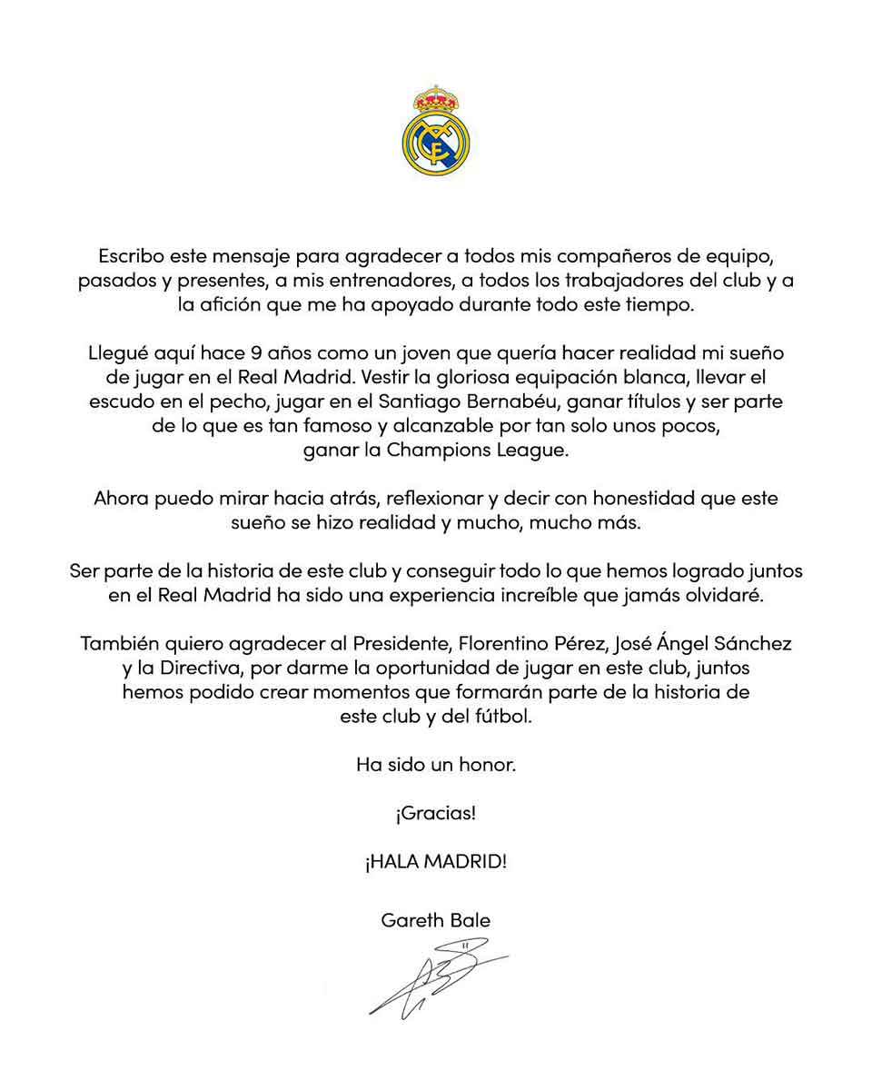 Carta despedida Bale
