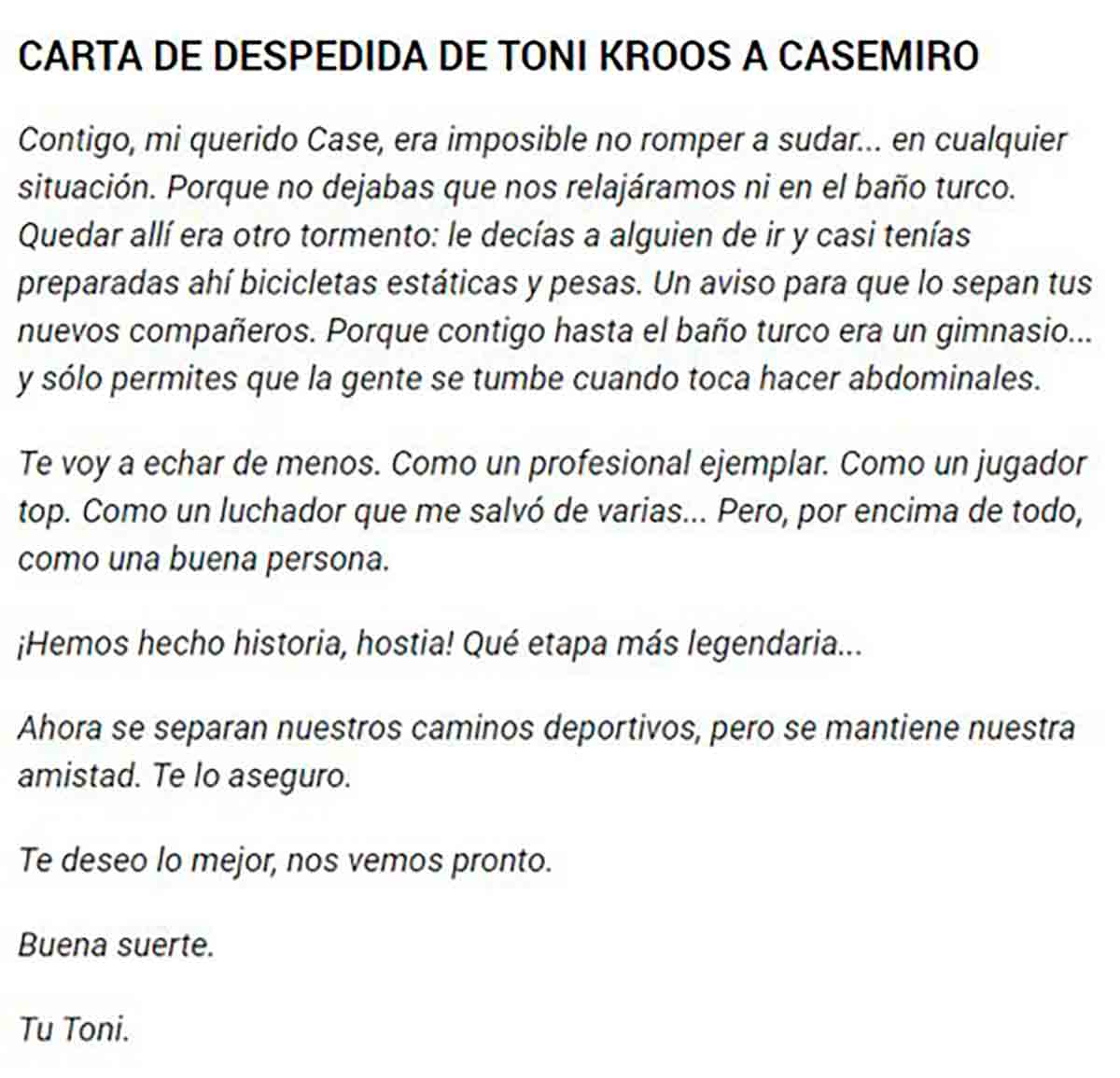 Carta despedida Kroos a Casemiro