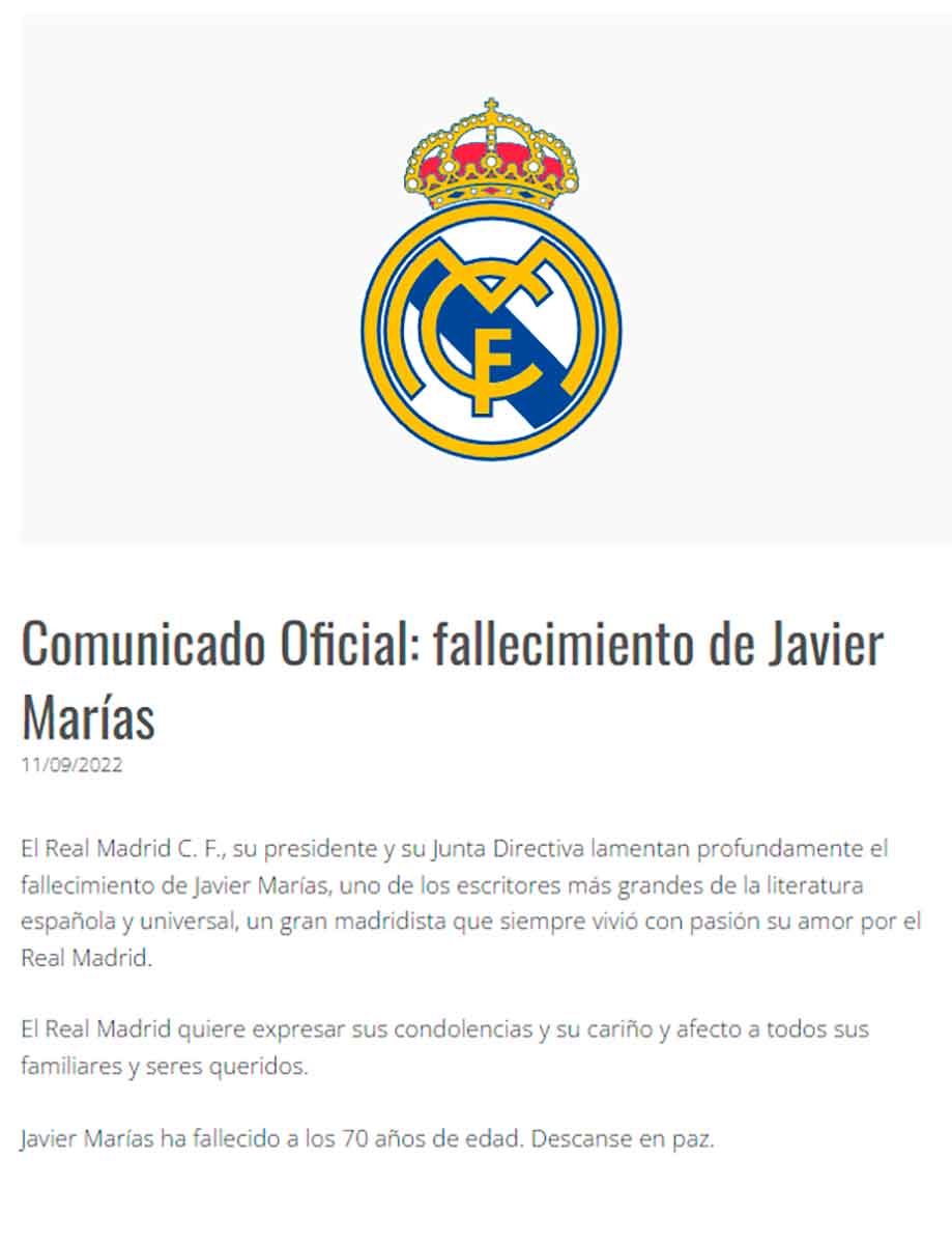 Comunicado Real Madrid fallecimiento Javier Marías