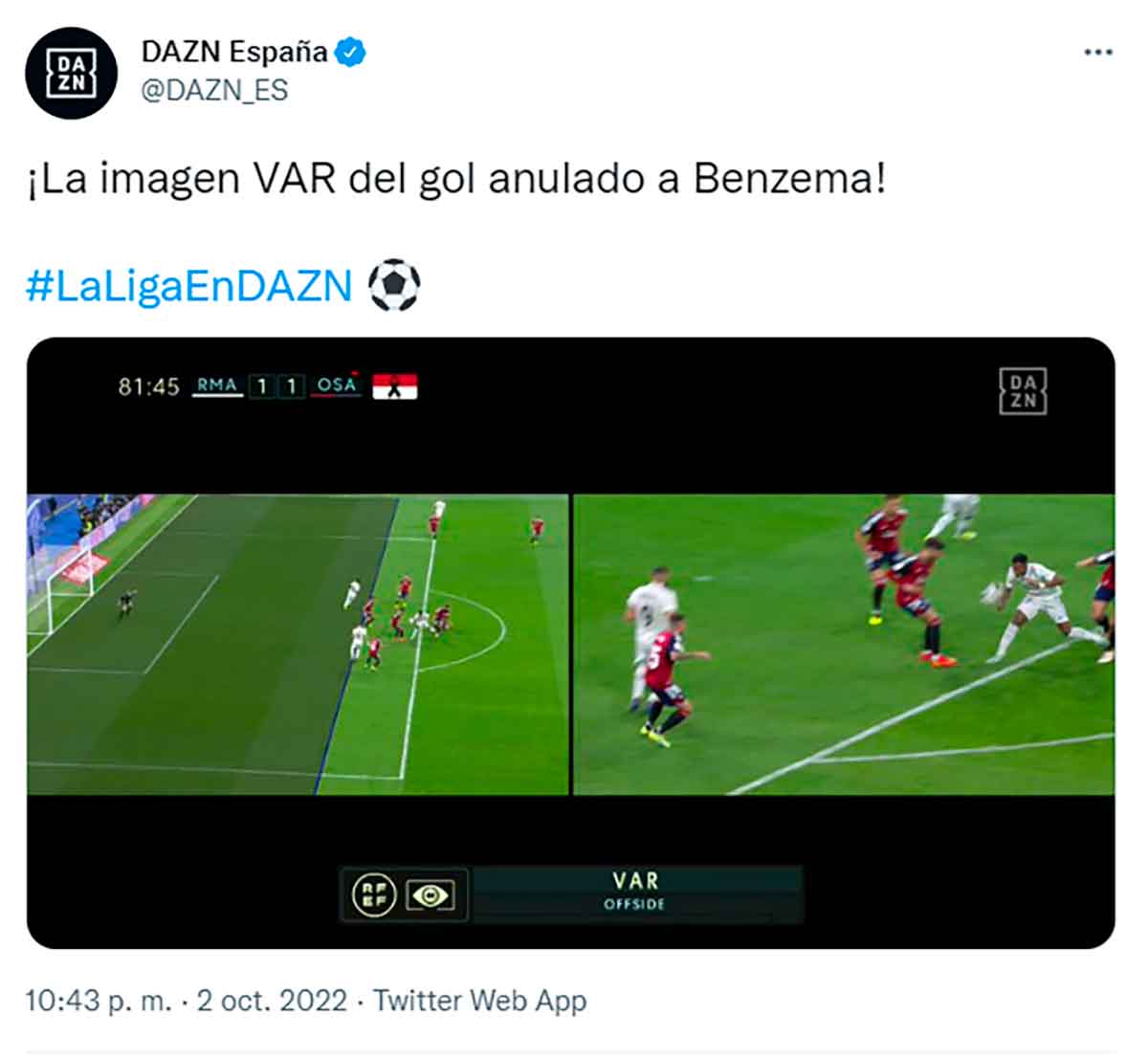 Tuit Dazn fuera juego Benzema Osasuna