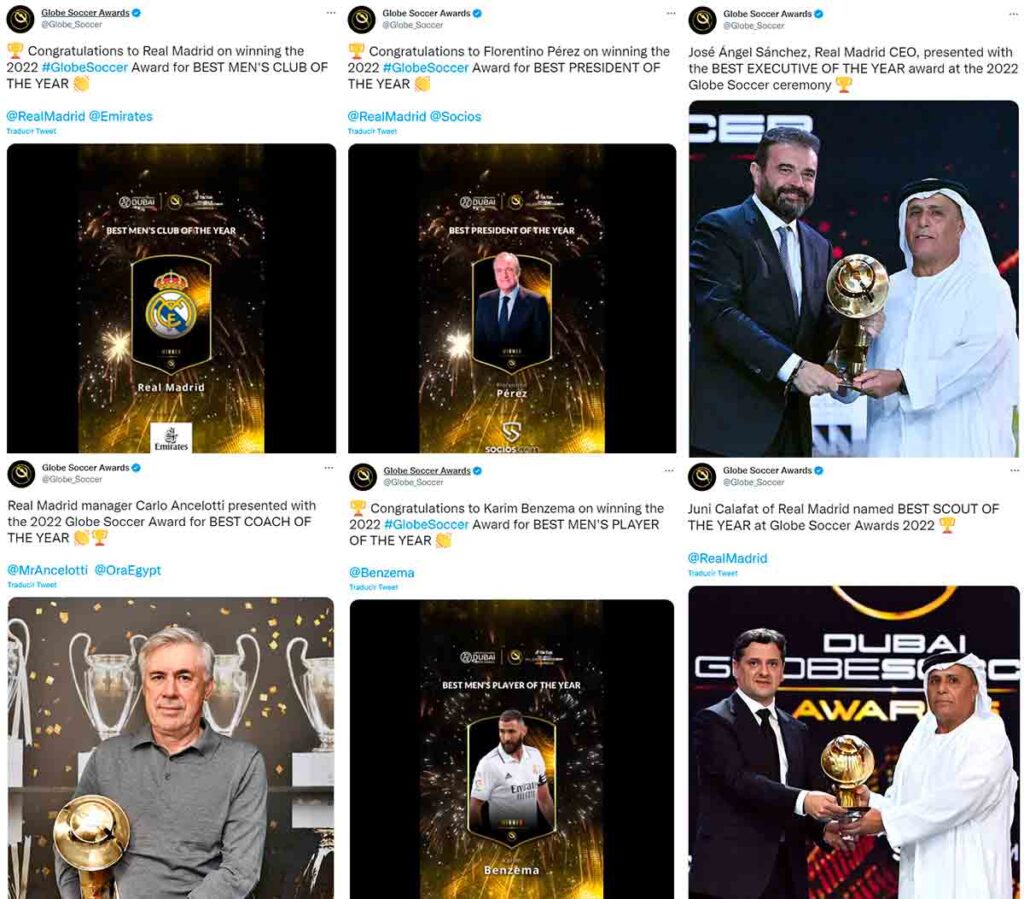 El Madrid arrasa en los Globe Soccer Awards - La Galerna