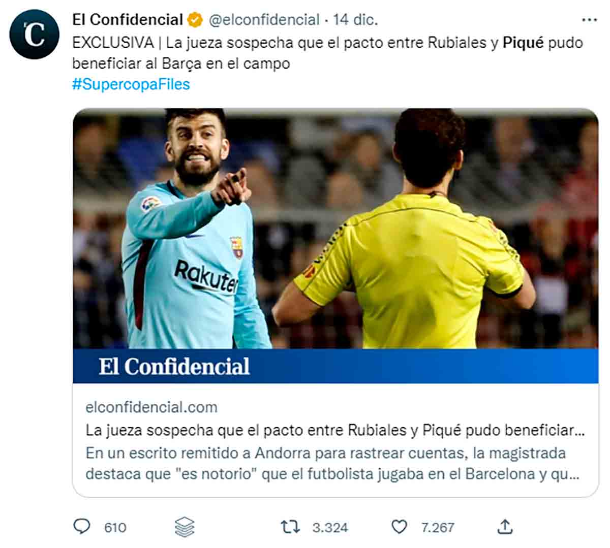 Tuit El Confidencial Piqué Rubiales diciembre 2022