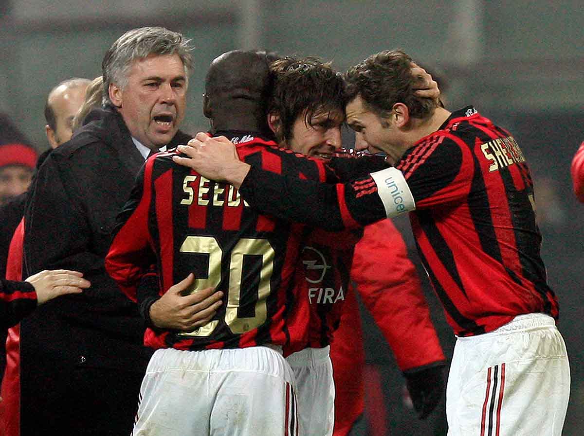 Ancelotti en el Milan con Pirlo, Seedorf y Shevchenko