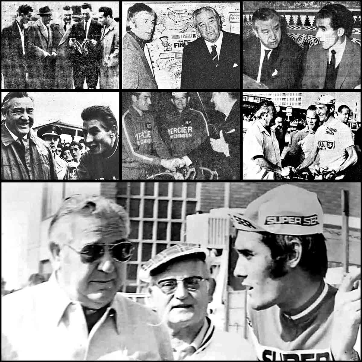 Bergareche con ciclistas como Van Looy, Poblet, Kuiper, Bahamontes, Anquetil, Poulidor, Pingeon y Ocaña
